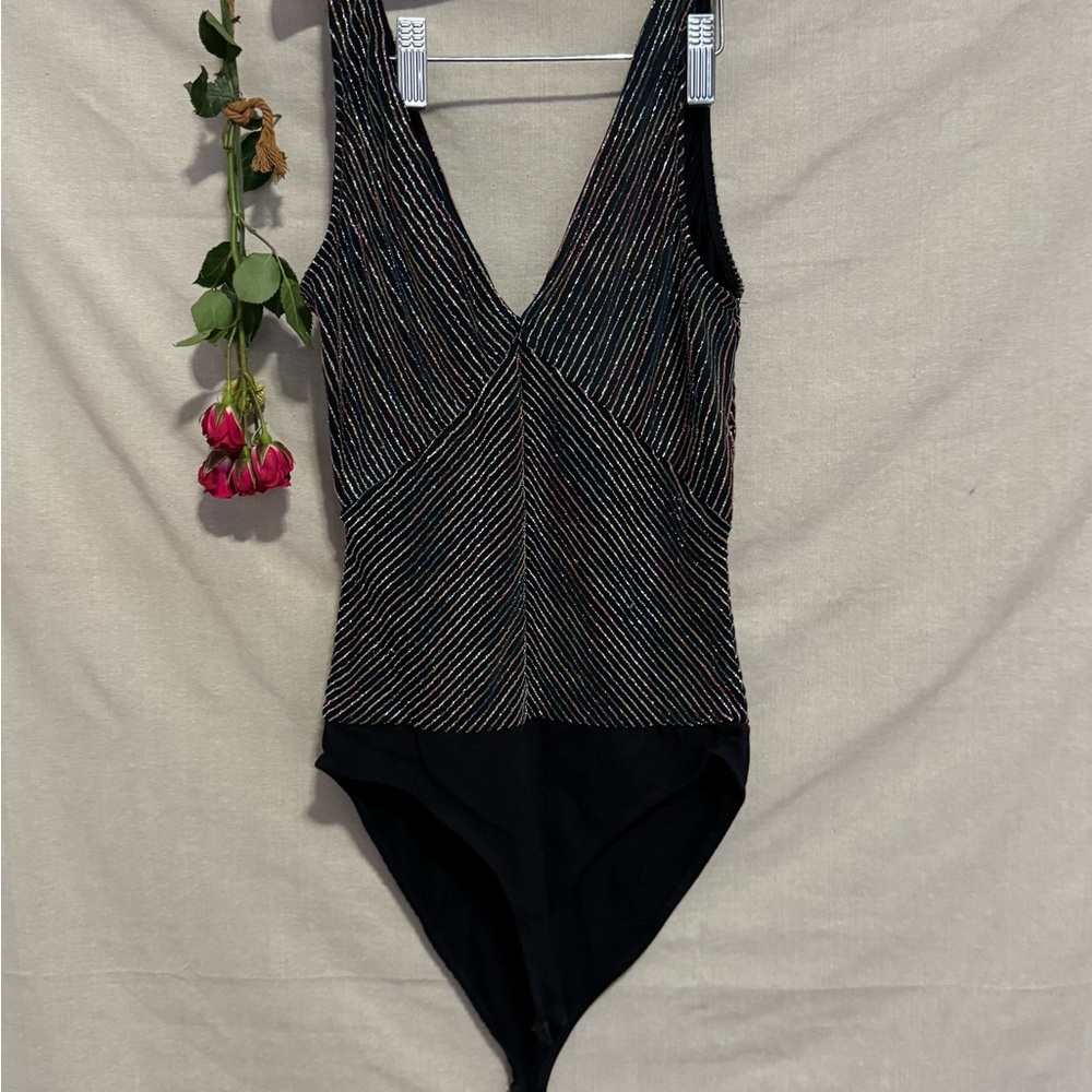 Zara Black Sleeveless V-Neck Glitter Stripe Bodysuit